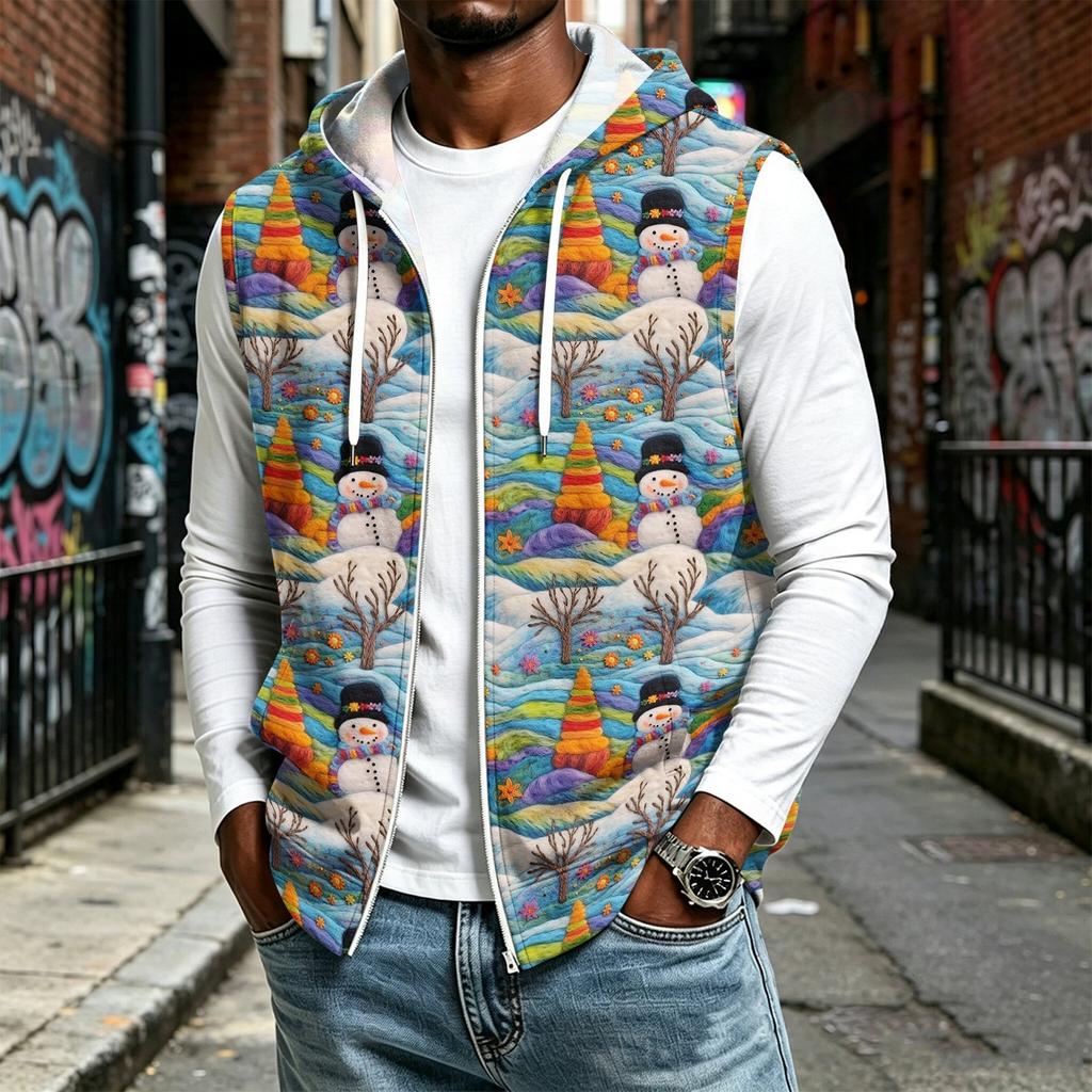 Gilet da uomo casual con cappuccio, senza maniche, con zip e stampa natalizia per feste di festa