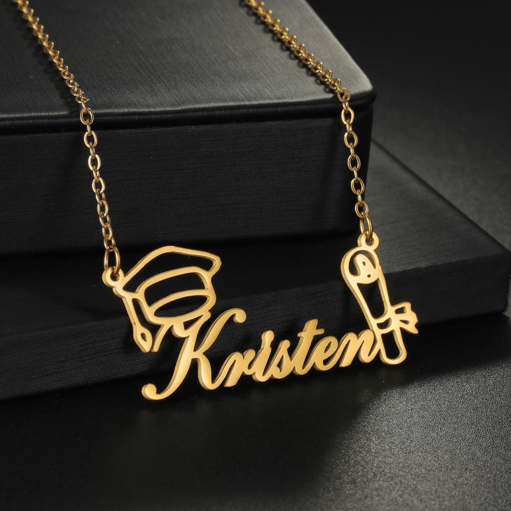 Atoztide Personalized Custom Name Necklace for Women Stainless Steel Bachelor's Hat Pendant Cuban Chain Graduation Jewelry Gift