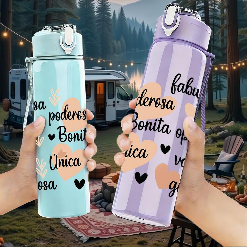 1PC Blessing Text Quote Pattern 750ml Color Plastic Sports Water Bottle Leakproof Flip Straw Lid Suitable for Sports Office Home Use