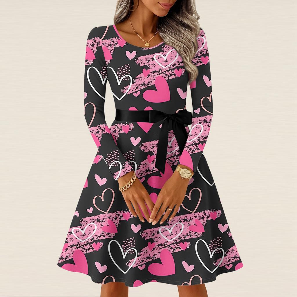 Damen Casual Mode Langarm Vintage Lange Kleider Frühling Valentinstag