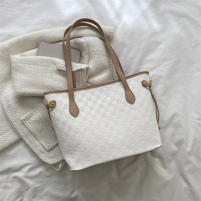 Large Capacity Women Casual Fashion Solid Plaid Daily Tote Shoulder Bag