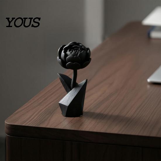 Flower Sculpture 3D Printed Figurine, Small Black Peony Tabletop Ornament Lightweight Decorative Piece for Office Executive Desk, Living Room, Bedroom