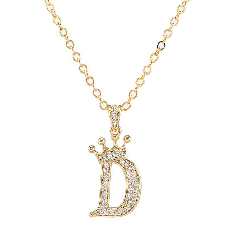 Fashion Cubic Zirconia Crown Letter Pendant Necklace Gold Hip Hop Punk Alphabet Jewelry