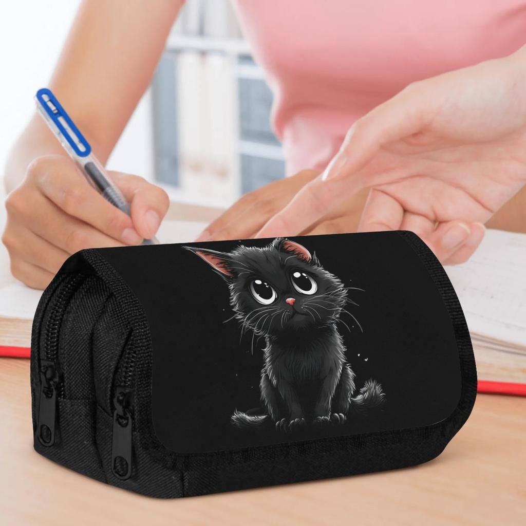 Packing Organizers 1pc Double Layer Flip Pencil Case - Cute Black Kitten with Heart, Large Capacity, Portable Polyester Pen Storage Bag with Zipper Cl