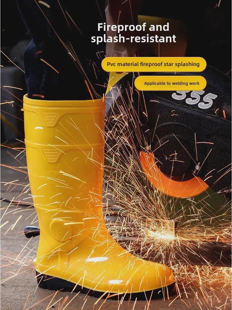 Men's Yellow Rain Boots: Mid To High Tube, Steel Toe, Anti-Smash, Anti-Puncture, Acid and Oil Resistant.