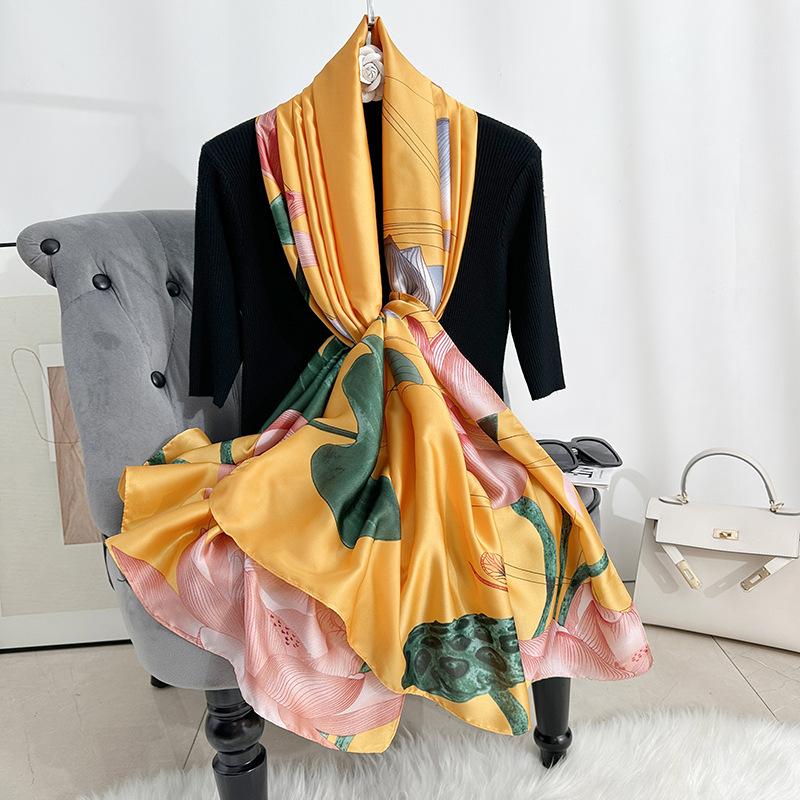 New new silk satin long thin scarf female fashionable temperament plant flower printed shawl travel with scarf