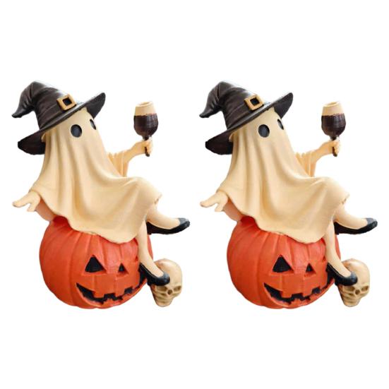 Harz Spukhaus Dekoration Niedliche Geisterfigur, Sitzt auf Kürbisstatue mit Hexe Halloween Tischhut, Tischdekoration für Party Lustige Regalpuppe
