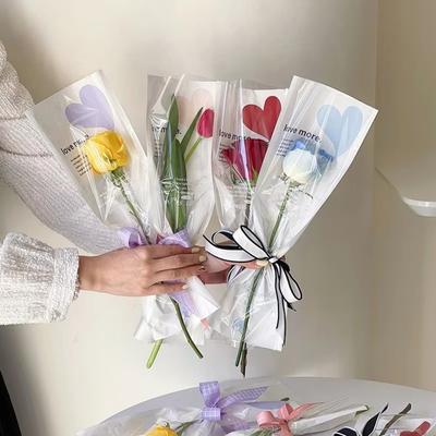 20pcs Love Shaped Single Flower Wrapping Bags Waterproof Opp Bag Bouquet Packaging Bags Romantic Floral Gift Bags