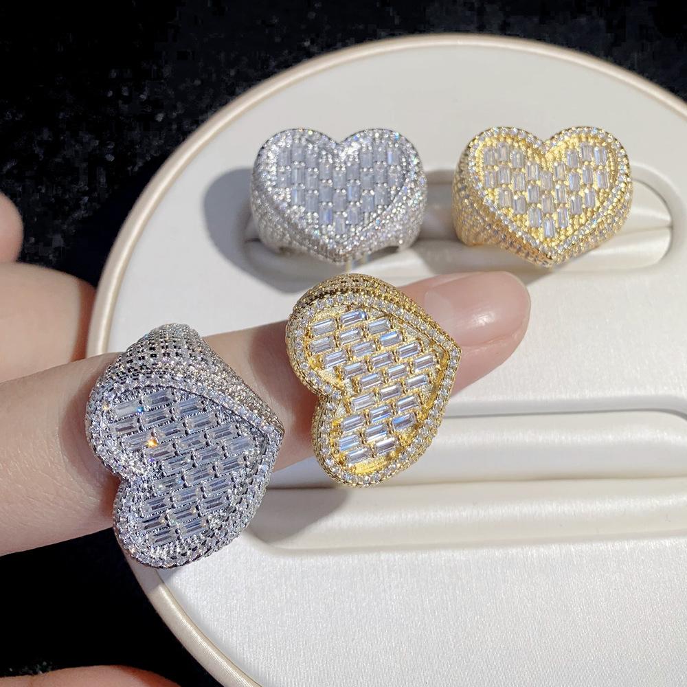 Unisex Exaggerated Full Diamond Heart Ring with Zircon - Trendy Hip Hop Style