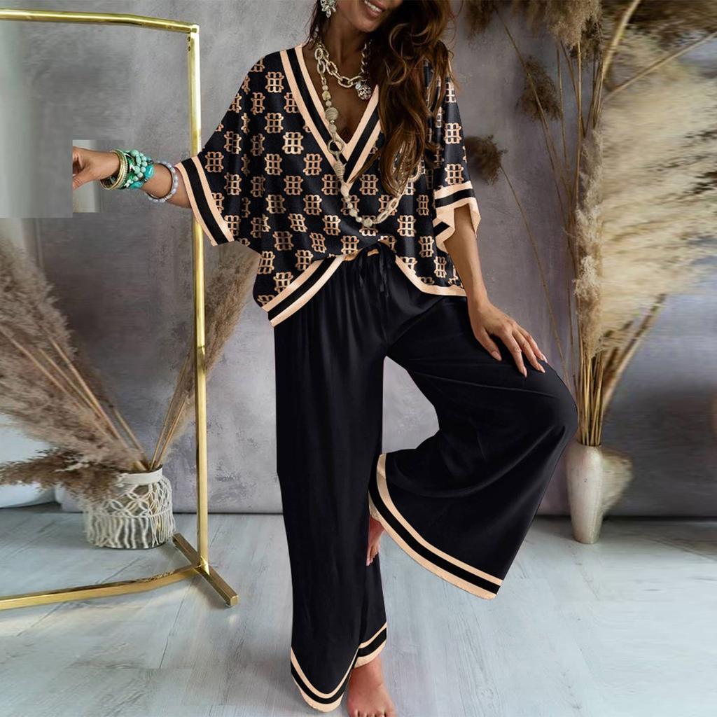 Women's Fashion Casual Printed Short Sleeve V-neck Tops  Pants Suit