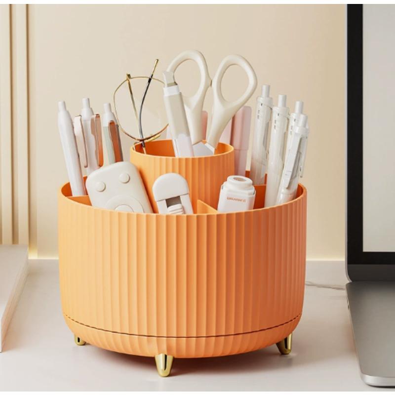360° Rotating Makeup Organizer Plastic Cosmetic Storage Multi-Functional Brush Holder with 5 Compartments for Vanity Desk
