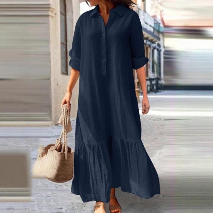 New Cotton and Linen Long Irregular Dress Shirt Collar Button Casual Dress