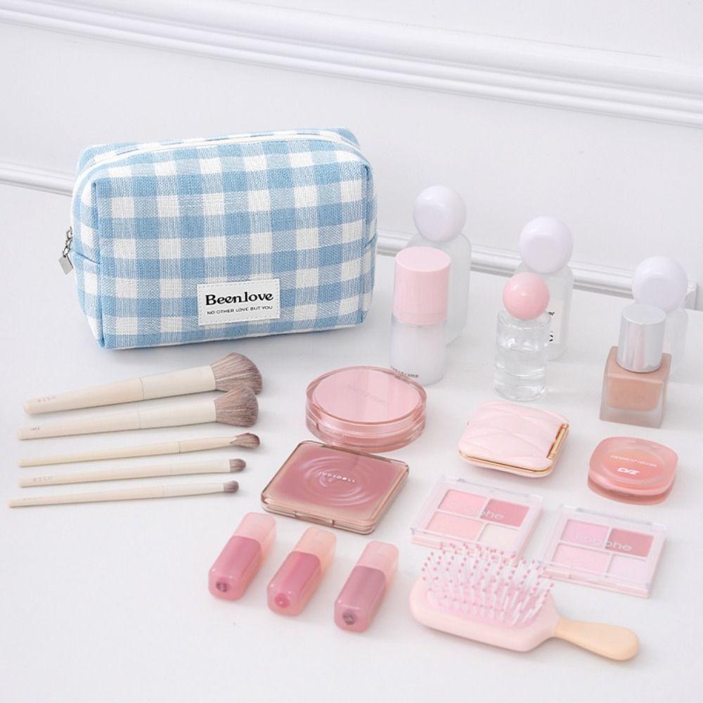 Large Capacity Makeup Pouch Lattice Travel Wash Bag Simple Plaid Cosmetic Bag Women/men