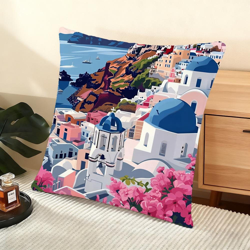 Santorini Landscape Cushion Cover Soft Short Plush Pillow Cover Smooth Cozy Texture Aesthetic Cushion Case Home Decor