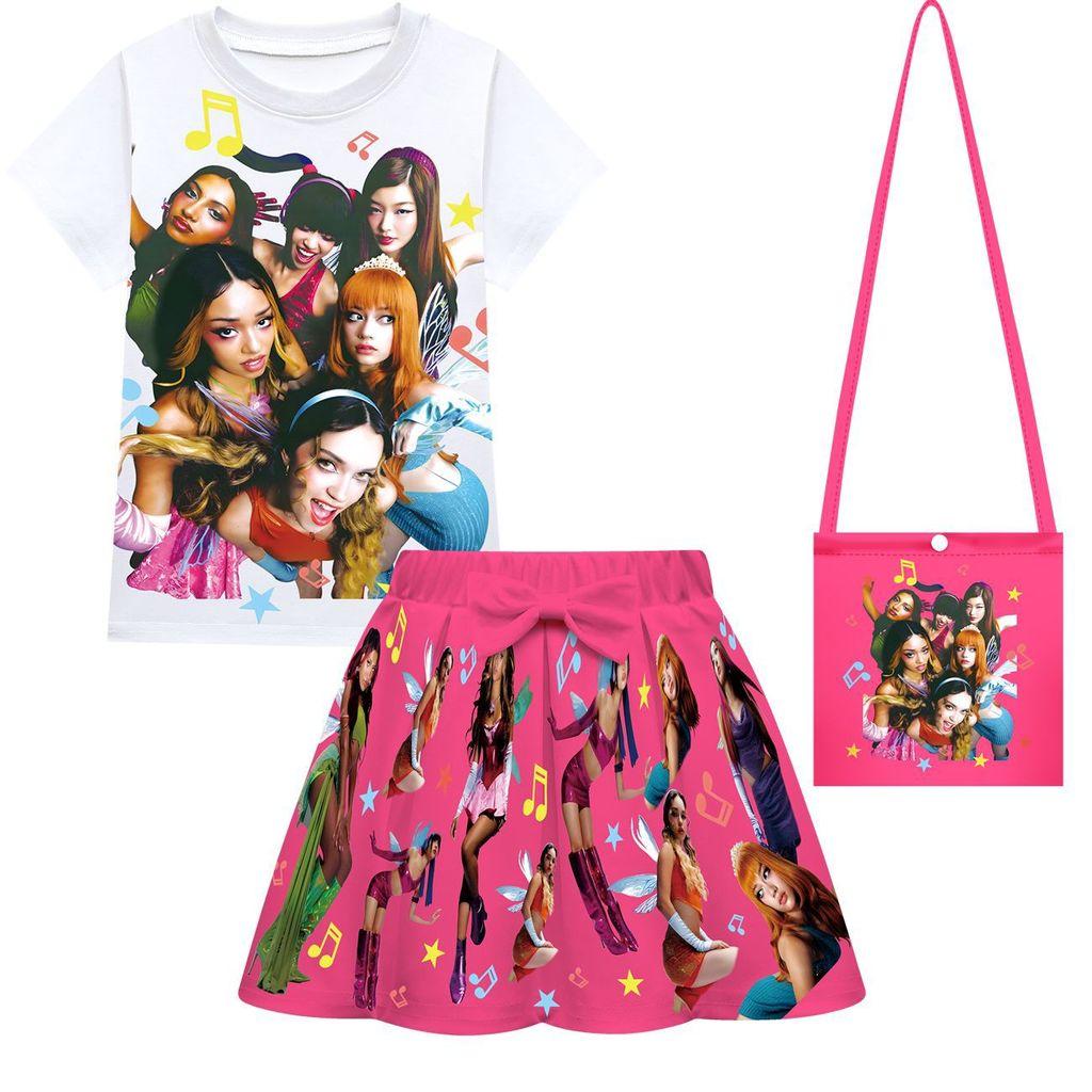 Children Girls KATSEYE Printed Short Sleeves T-Shirt Pleat Bow Skirt Bag Sets 100cm розы красного