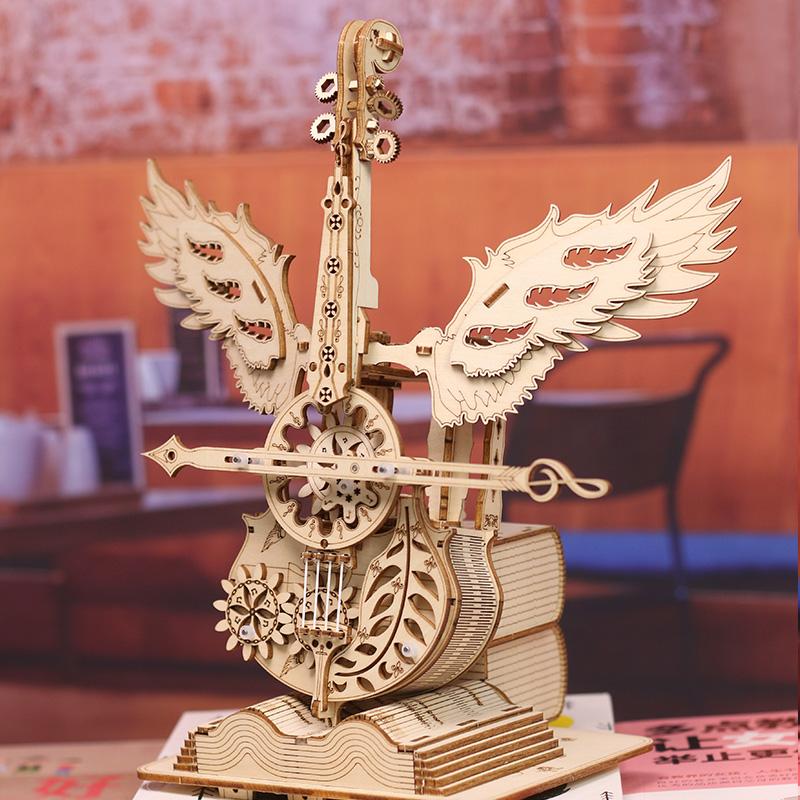 DIY 3D Wooden Puzzle Miniature Building Kit Angel's Instrument Cello Jigsaw Puzzle With Music for Children Birthday Gifts