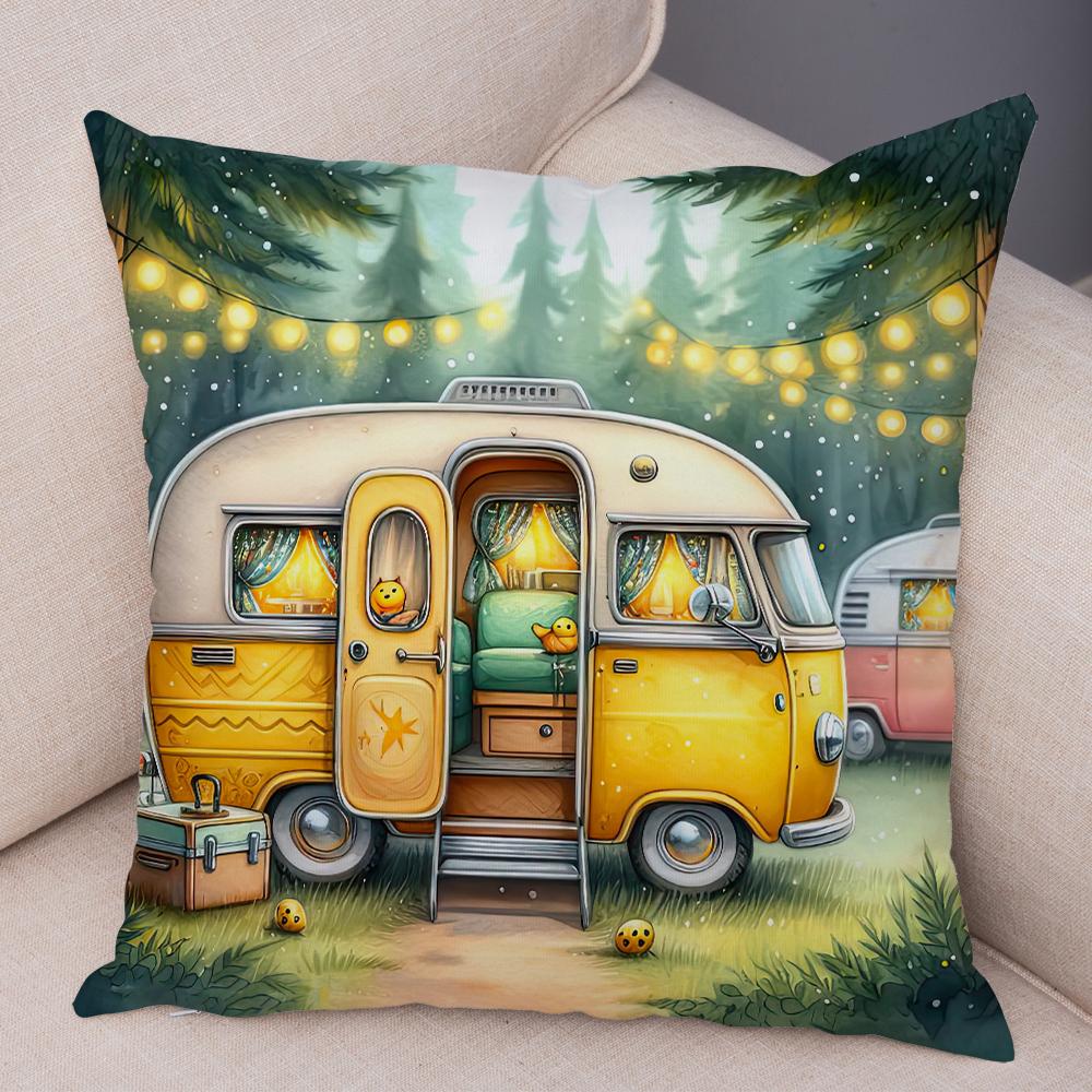 Happy Campers Pillow Case Double Print Decor Cartoon House Travel Car Cushion Cover for Sofa Home Soft Plush Pillowcase