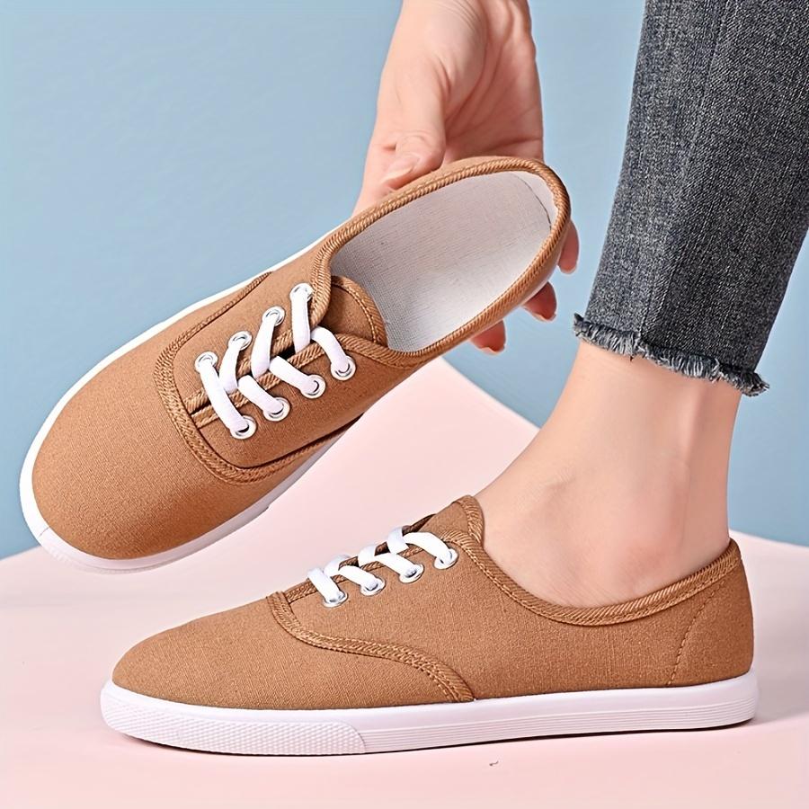 Women's White Round Toe Lace-Up Casual Sneakers - Breathable Fabric Upper, Anti-Slip TPR Sole, Low-Top Comfortable Walking Shoes for All-Season