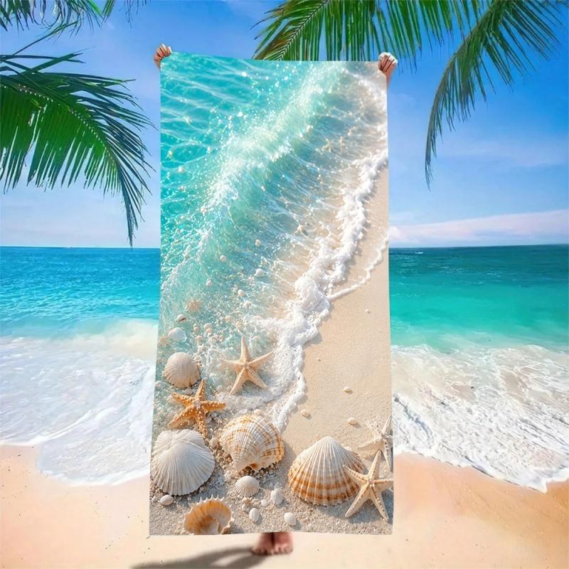 Ocean Wave Starfish Shell Print Beach Towel Absorbent Quick Dry Microfiber Tropical Sea Pattern Blanket for Picnic & Outdoor