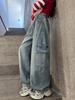 Girls' Retro Blue High-Waist Wide-Leg Pants - Spring & Autumn Versatile Loose Fit