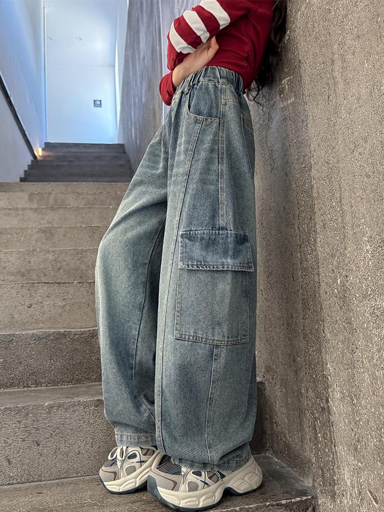 Girls' Retro Blue High-Waist Wide-Leg Pants - Spring & Autumn Versatile Loose Fit