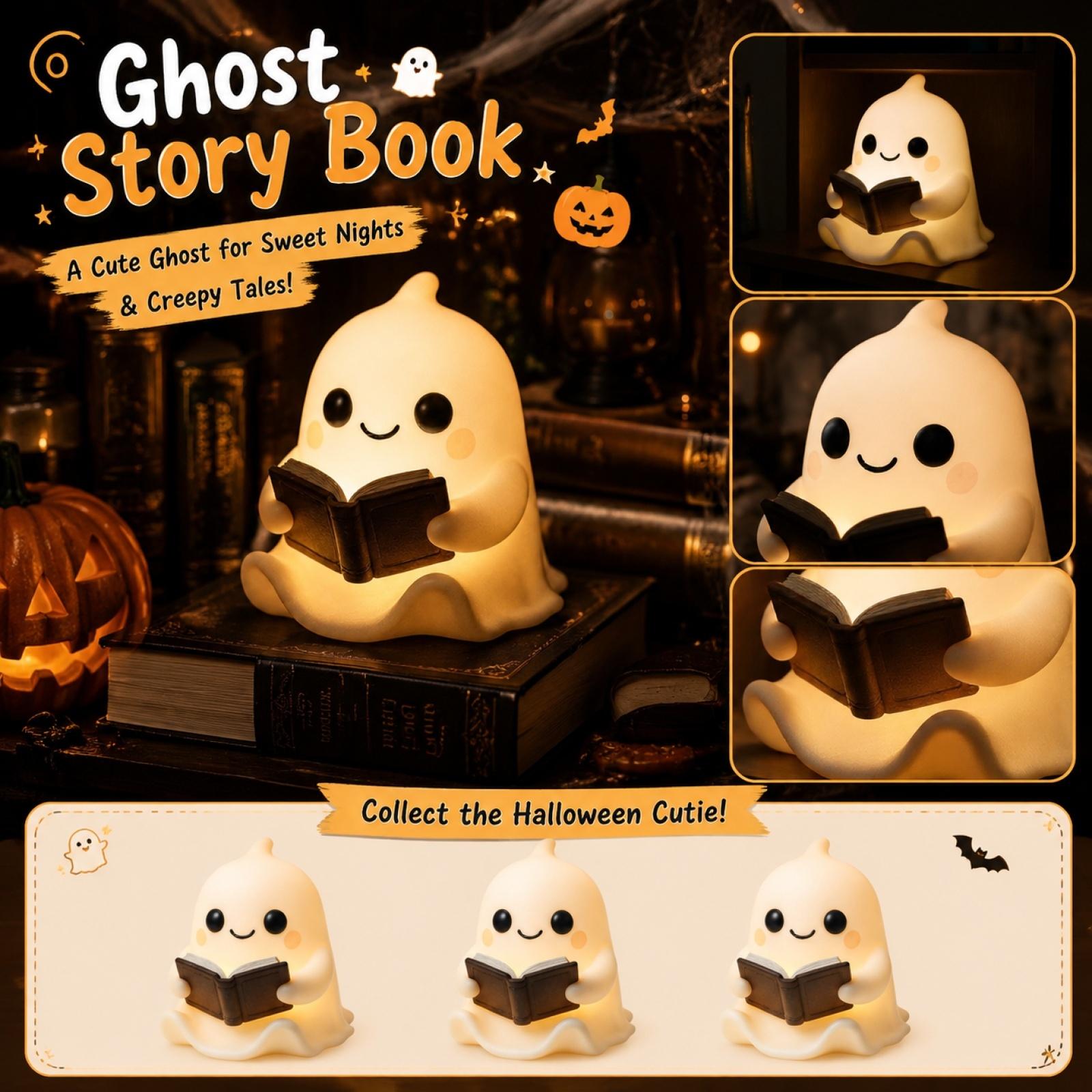 15cm Resin Craft Ghost Figurine Reading a Book Battery Operated Halloween Decoration Cute Ghost Story Book Display One Size