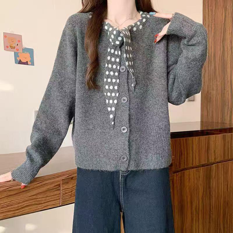 2026 Autumn/Winter Women's Versatile Round Neck Bow Knit Cardigan - Fashionable Long Sleeve Design