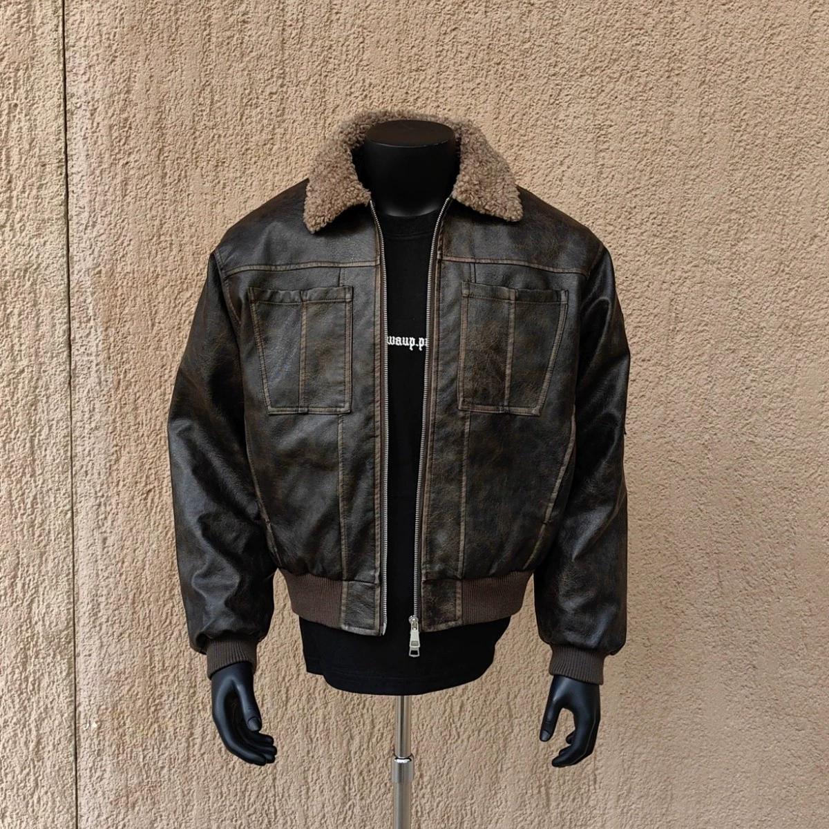 

Винтажная куртка из овчины, зимняя короткая утолщенная мотоциклетная куртка в ретро-стиле M 100-65kg кофейный