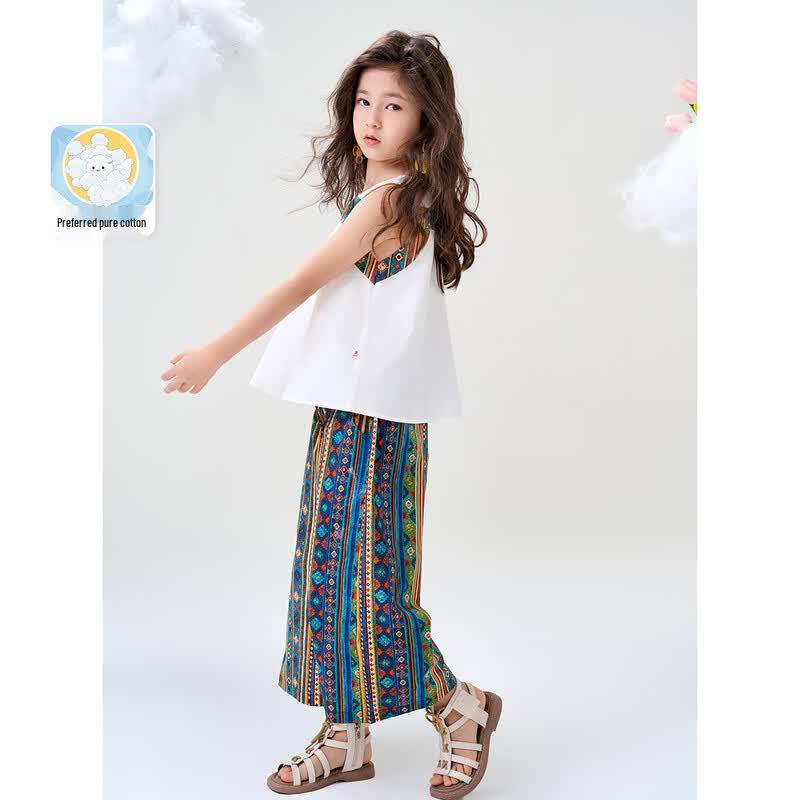 Montagut Girls  Summer Ethnic Style Sleeveless Top & Wide-Leg Pants Set 160