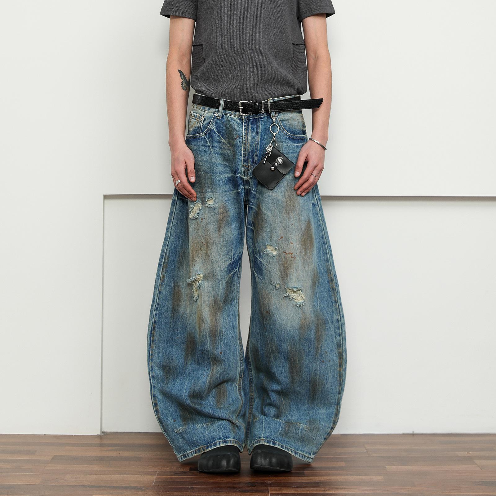 

Унисекс Винтажные Хип-Хоп Рваные Джинсы Широкого Покроя с Изогнутыми Штанинами и Эффектом Грязной Стирки L синий