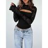 Women's Cutout Crop Top Long Lace Sleeve Slim Fit Party Going Out Top