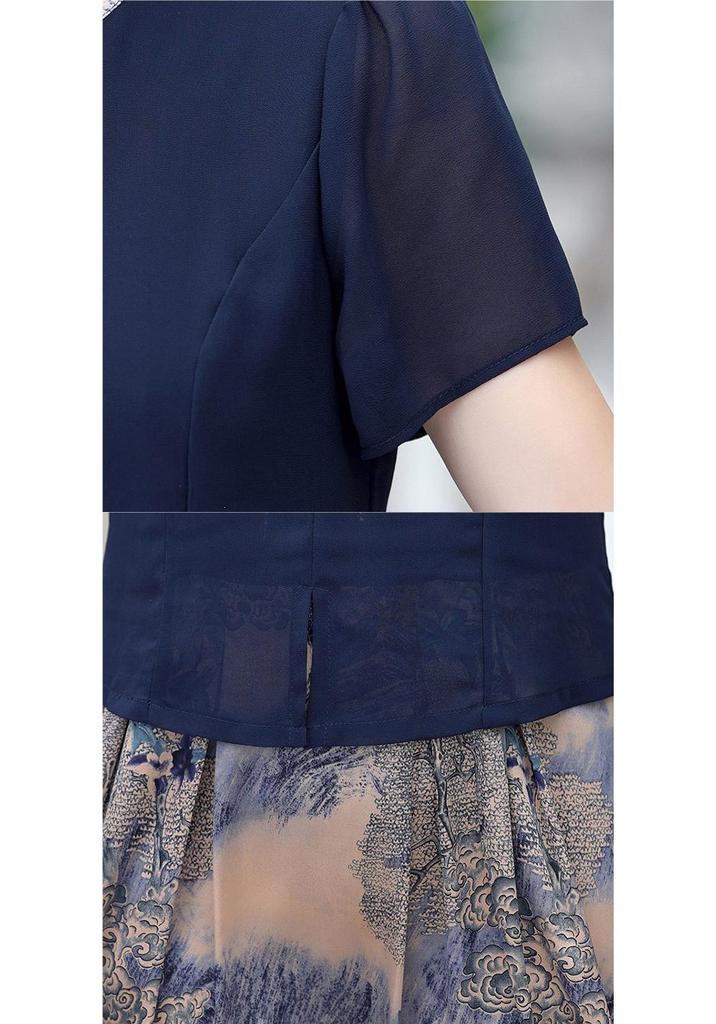 Robe élégante à manches courtes pour femmes d'âge moyen et âgées - Nouveau style chinois et national, Été, Coupe ample, Option grande taille