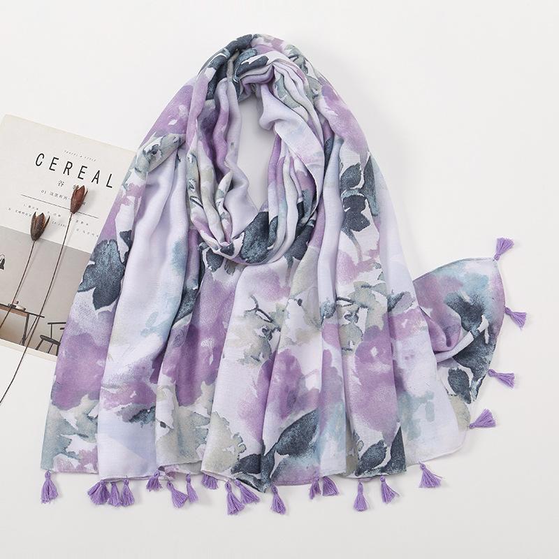 Small fresh medium and retro blue and white porcelain cotton and linen feel scarf, Bali yarn silk scarf, blue flower shawl women