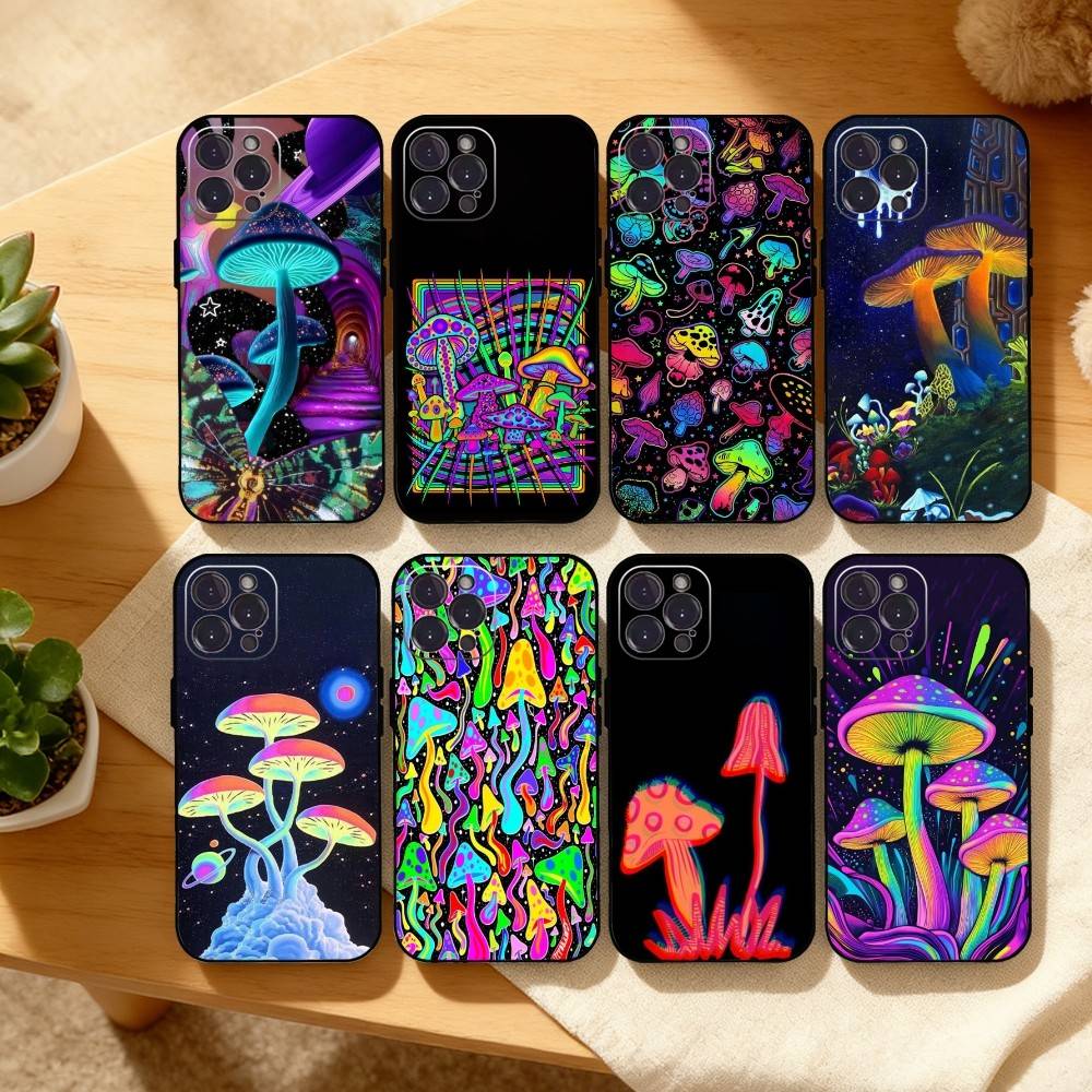 P-Psychedelic C-Colored M-Mushroom Phone Case For iPhone17,16,15,14,13,12Plus,Pro Max,XS,5G Soft Silicone Black Cover