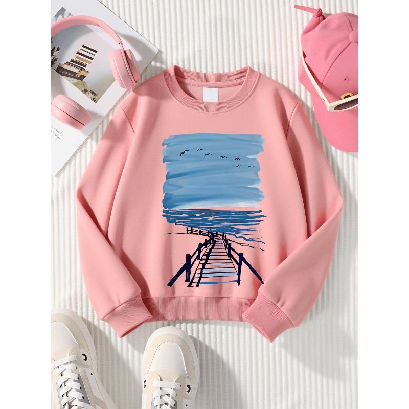 Girls' Soft Crewneck Sweatshirt, Blue Sea Sky Birds Pier Print Pattern with Cute Creative Print, Casual All-Match for Fall Winter