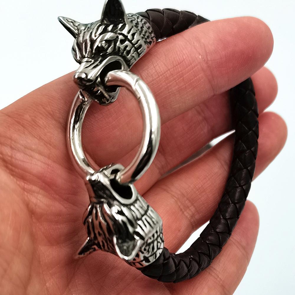 Wolf Head Bracelet Stainless Steel Viking Rune Bead Leather Bracelet Jewelry For Women Men Unisex Gift