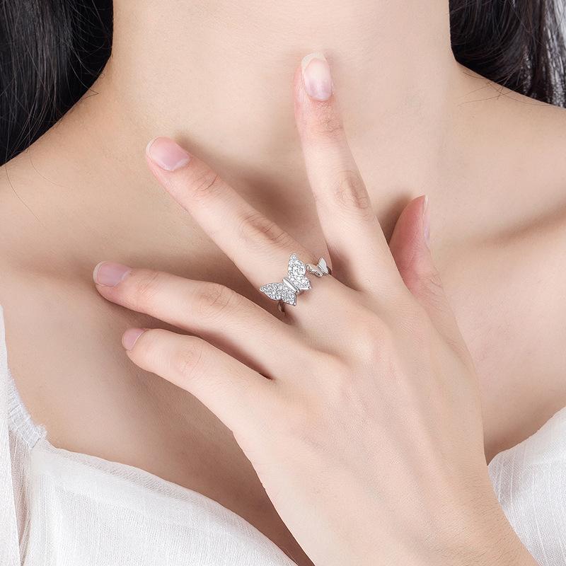 Silver Butterfly Open Diamond Ring Adjustable Korean Style Zircon Fashion Women's Ring Rotating Jewelry Peaceful Spring New Model