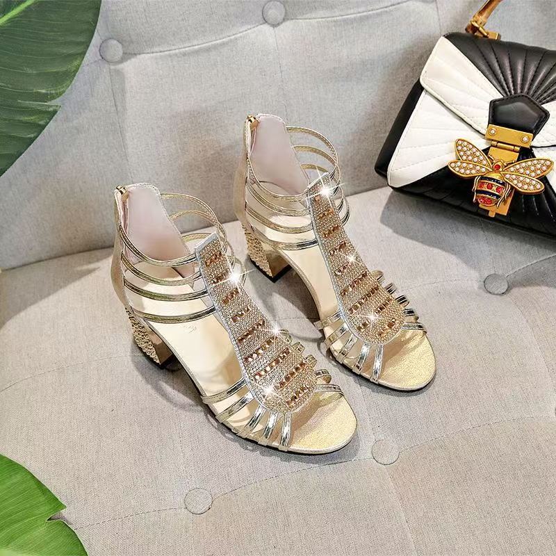 Women's Sandals Peep Toe Chunky Heels Silver Women Wedding Shoes Ankle Boots Sandal Open Toe High Heels Dress Gold Bling Pump