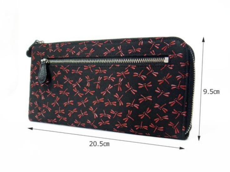 Inden Zipper Long Wallet 2305 Billfold K Black Deerskin x Red Lacquer Dragonfly Pattern x x Zipper Slim Long Wallet [Inden-ya] 9.5cm 20.5cm 2.1cm