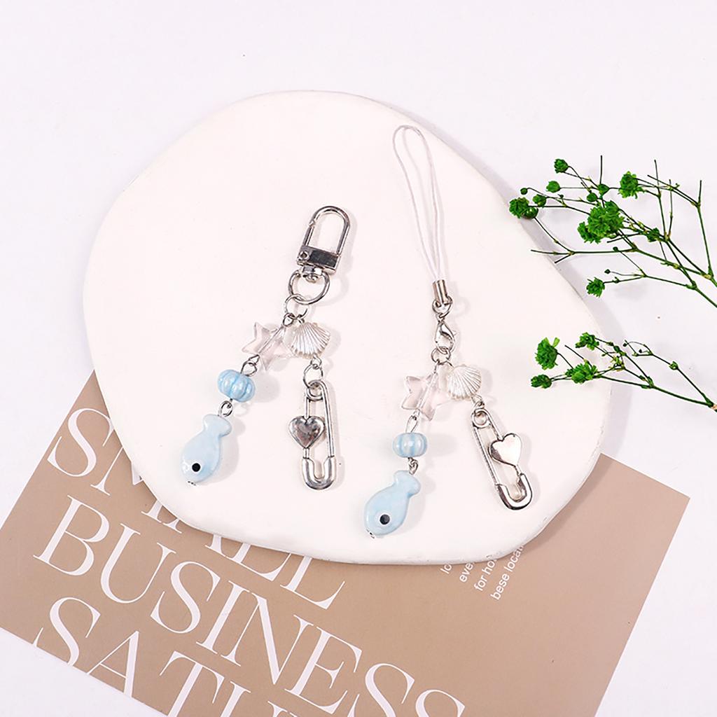 Fashionable Key Chain Fish and Heart Pin Keychain Pendant Colorful Beaded Phone Chain Accessory Wallet Purse Decoration