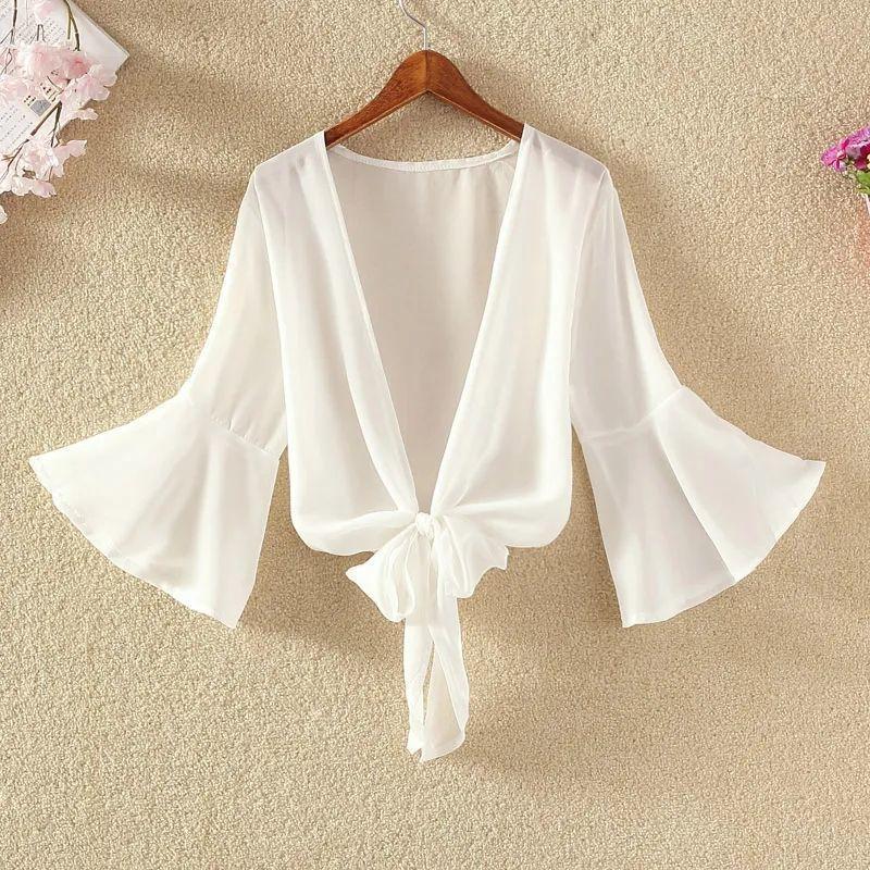 Moda Estate Piccolo Sciarpa Donna Estate Scollo a V Profondo Sottile Canotta Cardigan Camicia Top Elegante Ampio Traspirante Chiffon Abbigliamento Protezione Solare