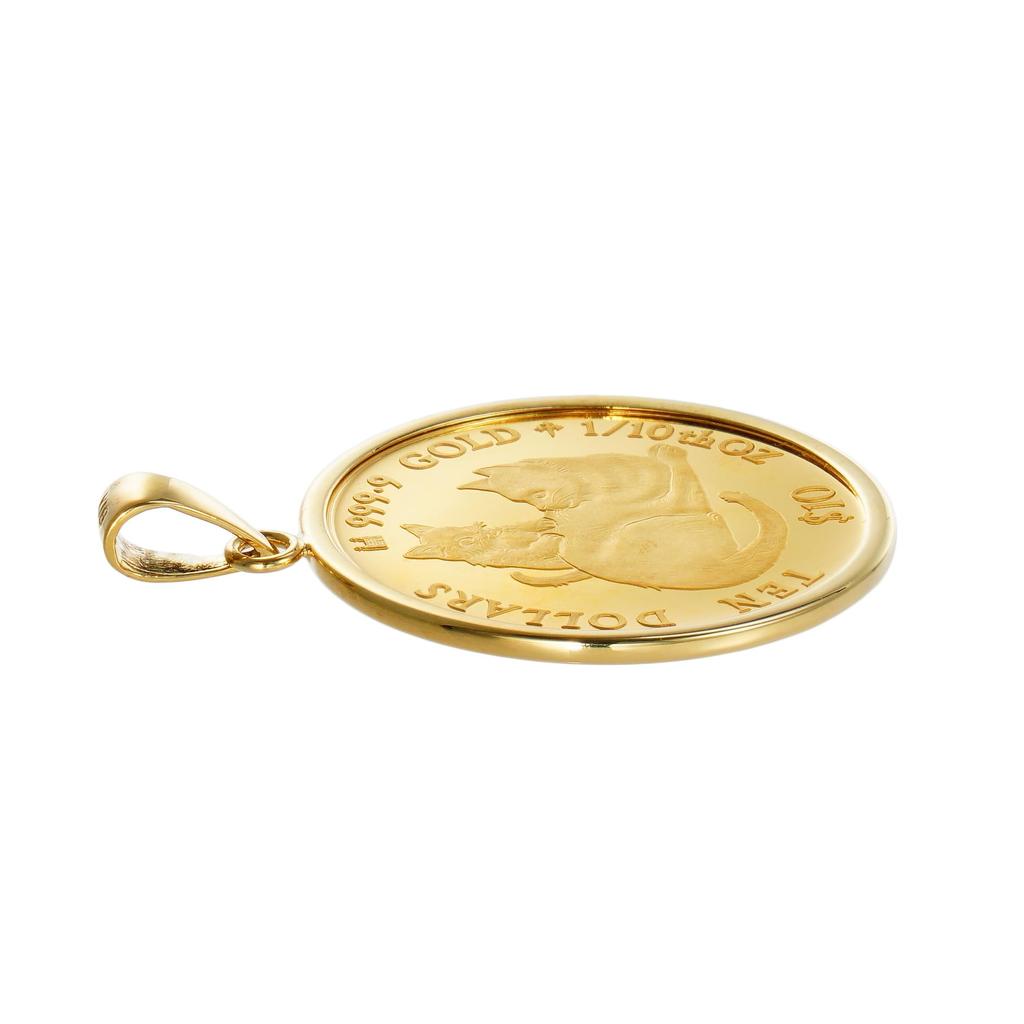 24K Pure Gold Cat Coin Simple 18K Engraved [SPERANZA] Pendant, Mother's Love, 1/10oz, Frame,