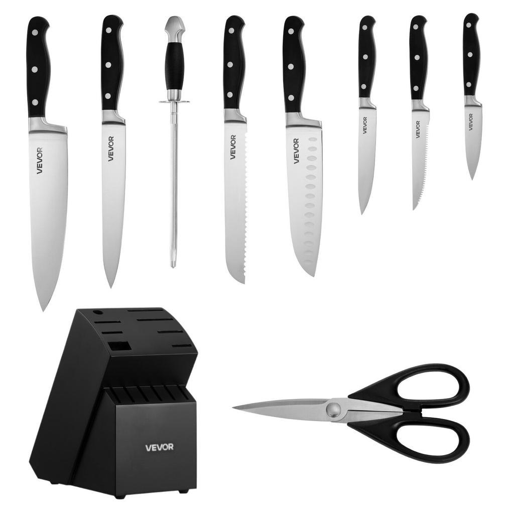 Kitchen Knife Set with Block and Sharpener, 15 Piece High Carbon Stainless Steel Sharp Knife Set, Kitchen Cutlery with Crack-Resistant Handle,