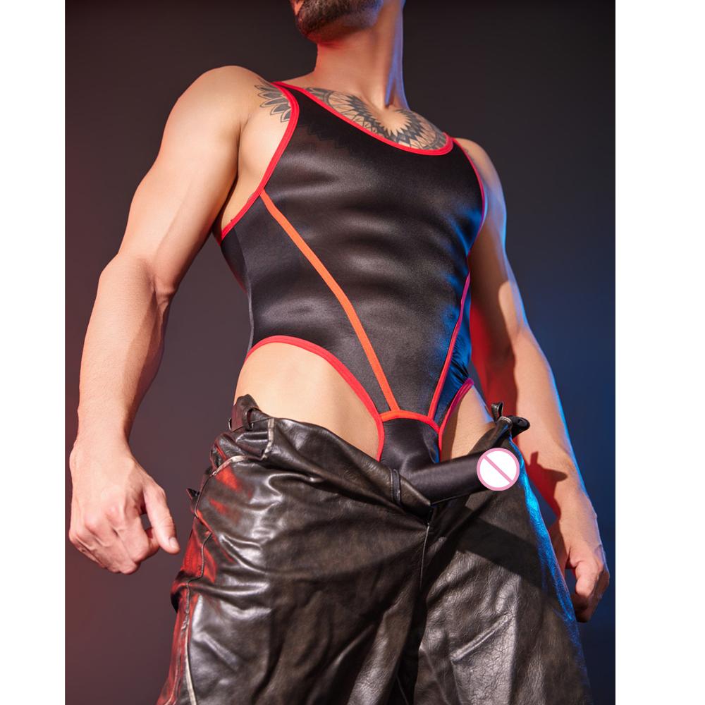 Sexy Men Oil Gloosy Shiny U Convex Pouch Bodysuit Cockring Open Sheath Sleeve Sexy Tight Bandage Bodyhouse Maid Leotard