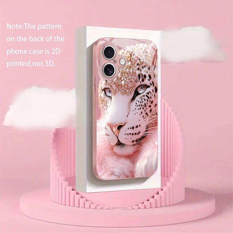 Cute Crystal Leopard Pink Metallic Tempered Glass Phone Case For iPhone 11 12 13 14 15 16 17 Pro Max 15 14 Plus 17 Air 17E Cover