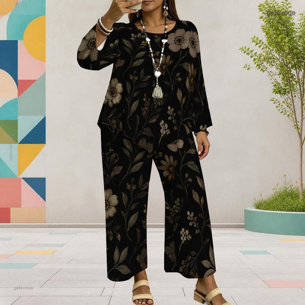 Women Plus Size Floral Printed Round Neck Long Sleeve Layered Top Wide Leg Pants Two Piece Set