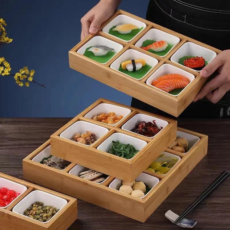 Bambus-Snackteller mit 9 Fächern, japanischer Sushi-Teller, Restaurant-Hotpot-Servierplatte, Teetisch, Trockenobstteller