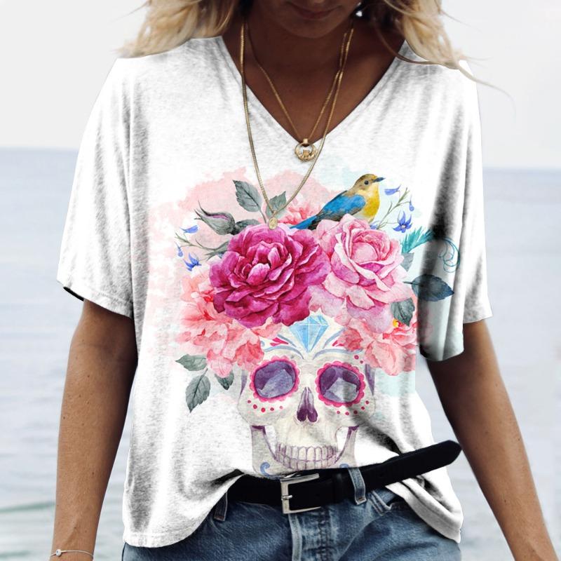 

Женские футболки свободного покроя с V-образным вырезом и принтом в виде цветочного черепа, женские 5XL