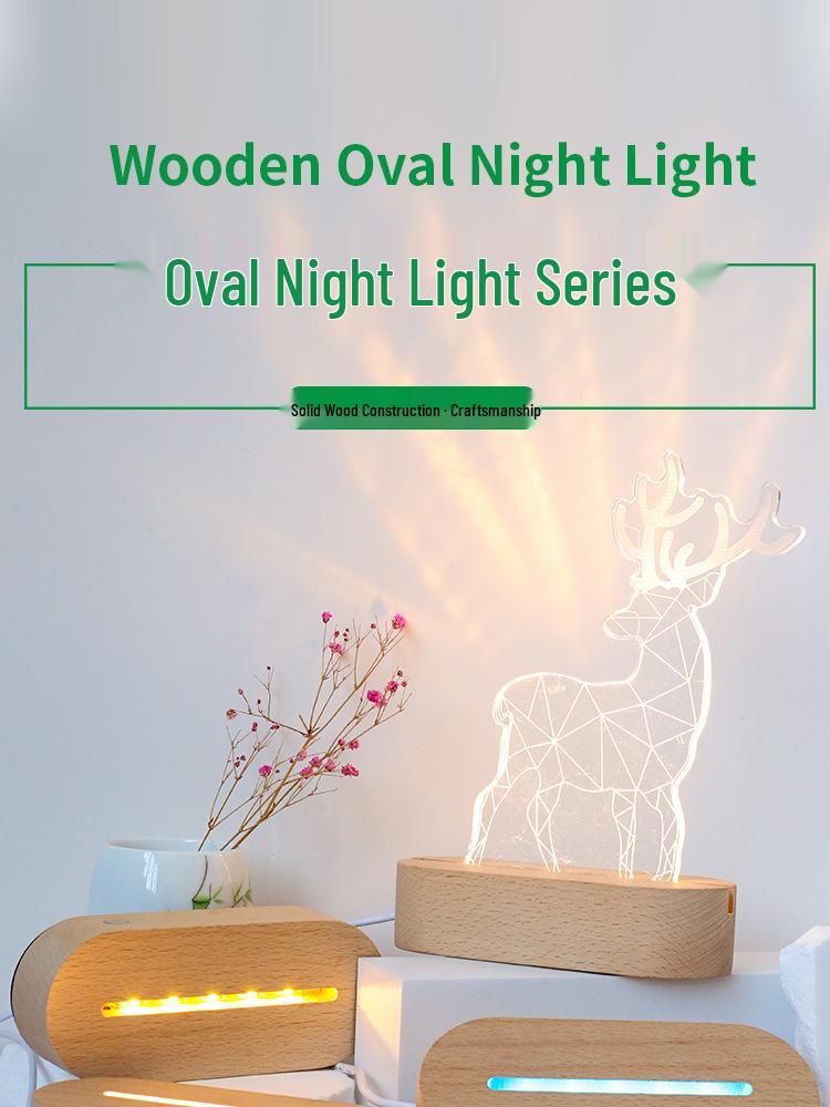 Oval Touch-Control LED Night Lamp with USB, Beech Wood Base