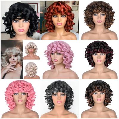 European and American Style Women’s Afro Kinky Curly Wig Multi-Color Small Curls Synthetic Full Wig